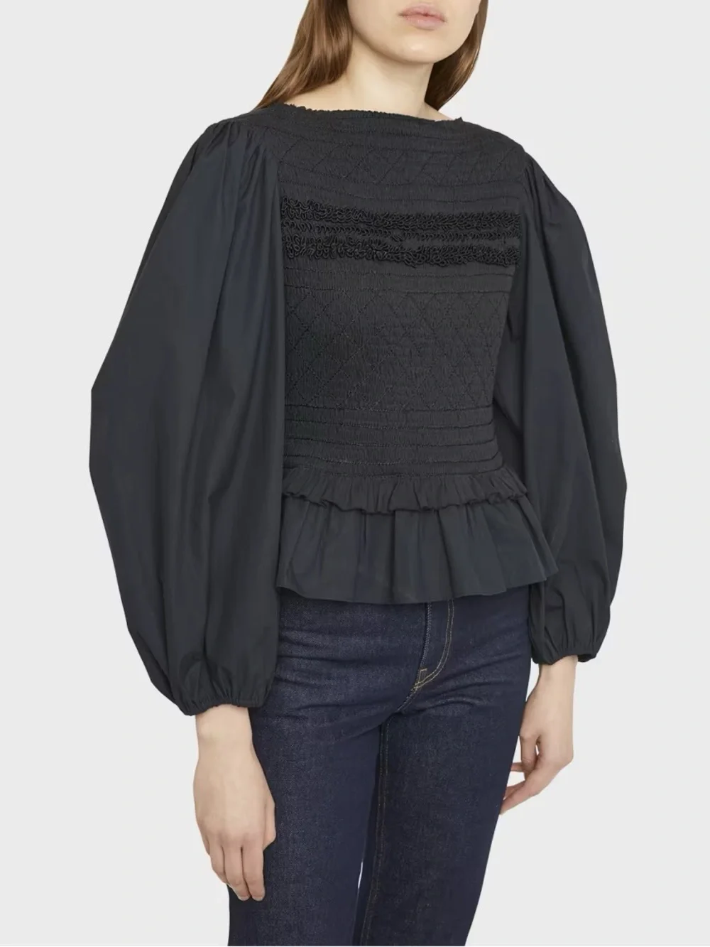 Ulla Johnson handmade black amelia smocked puff sleeve blouse womens 0